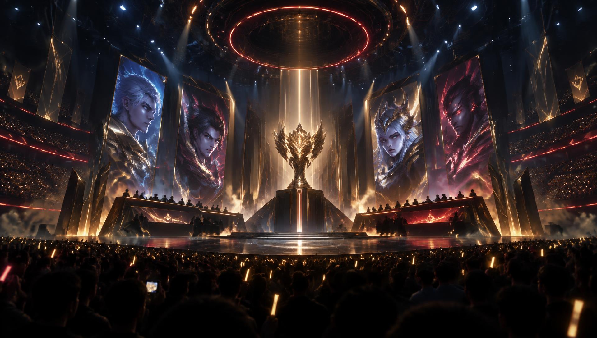Cinematic esports arena stage with LED screens, stage lighting and a championship trophy